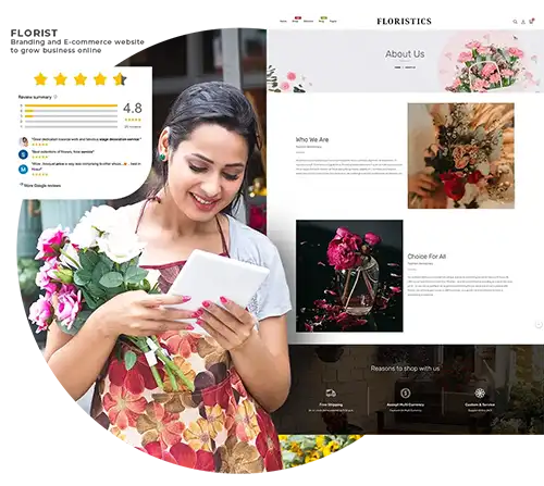 florist-managing-website-with-bouquet Florist reviewing her flower shop website on a tablet while holding a fresh bouquet