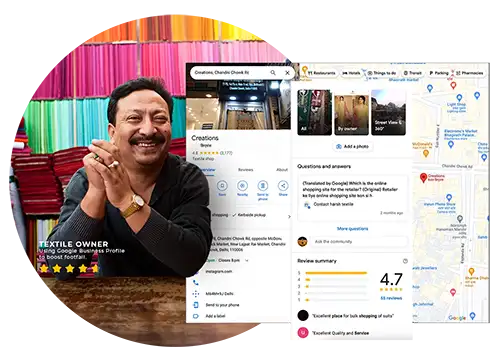 happy-textile-owner-with-website-and-reviews Happy textile shop owner smiling in his store, with 4.5-star reviews displayed behind his website and Google My Business profile.